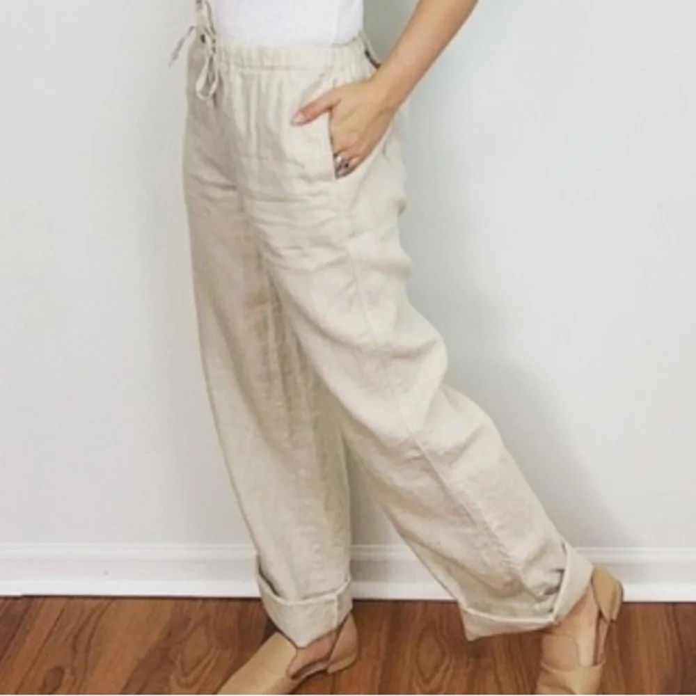Lord & Taylor 100% linen tan ecru wide leg loose fit long khaki tie waist pants - Picture 8 of 8
